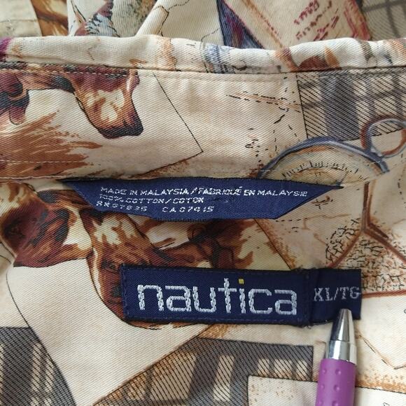 R Nautica Men's Outdoor Travel Stamp Print Long Sleeve Button Down Shirt Size XL - Picture 7 of 7